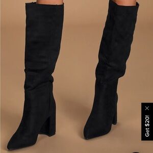 Lulu's Katari Black Suede Pointed-Toe Knee High Boots